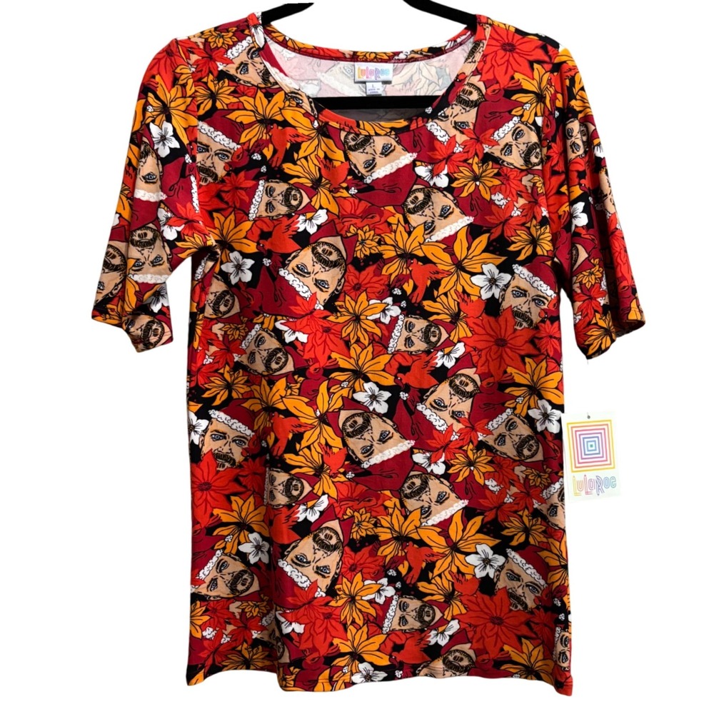 LuLaRoe Gigi Top T-Shirt Floral‎ Santa Claus Print Women's Size Large